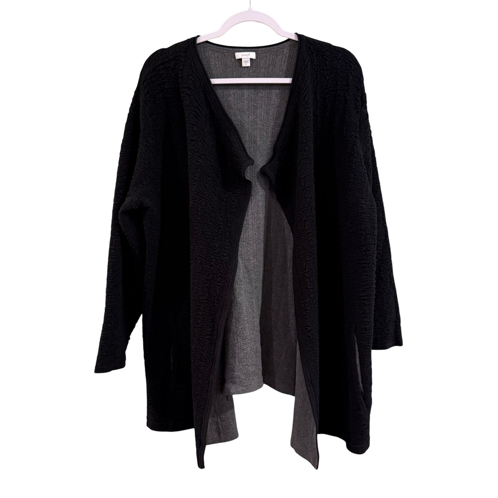 Pure Jill Cardigan‎ Women XL Black Gray Textured Open Front Cotton Lagenlook